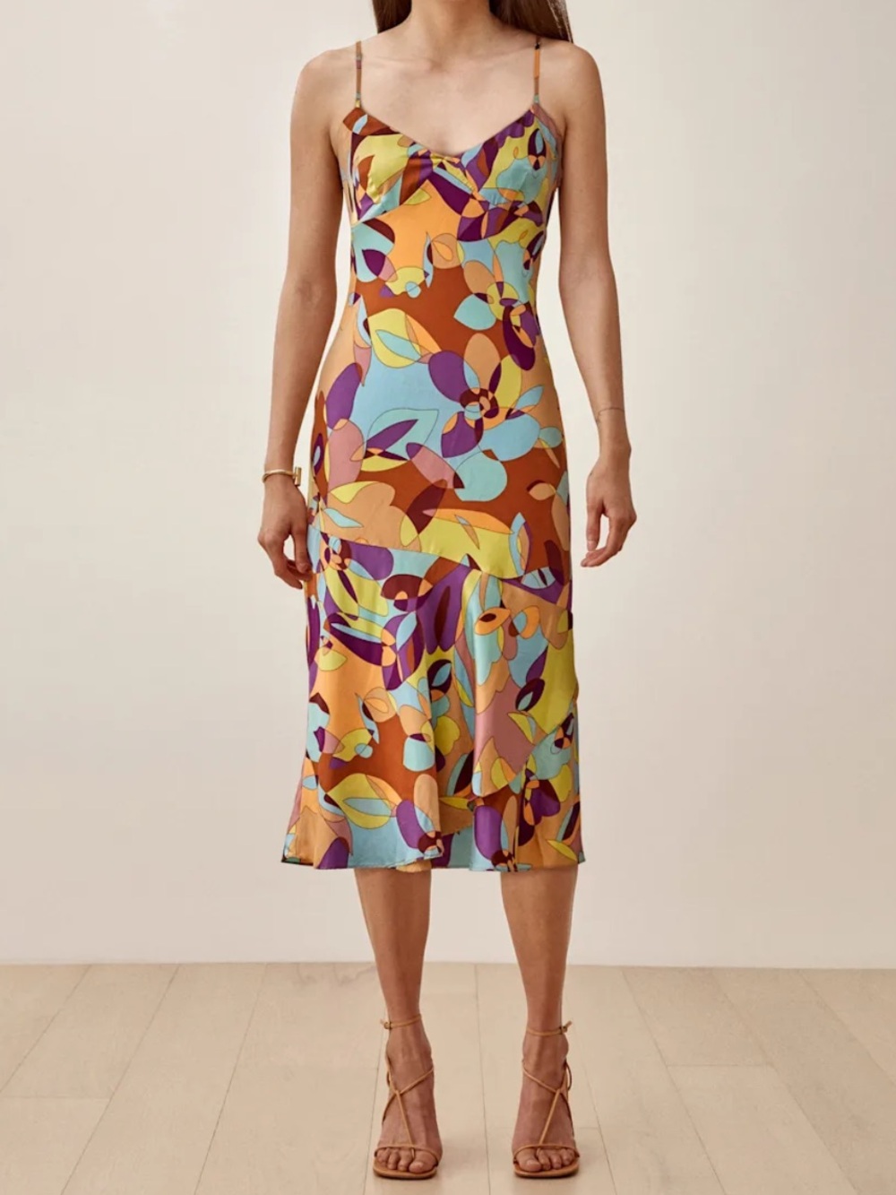 Express Y2K Vintage Colorful Abstract Print 100% Silk Slip Dress Size 10